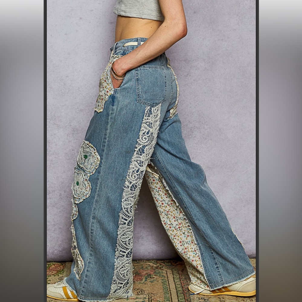 POL Blue Patchwork Wide-Leg Pants - image 3